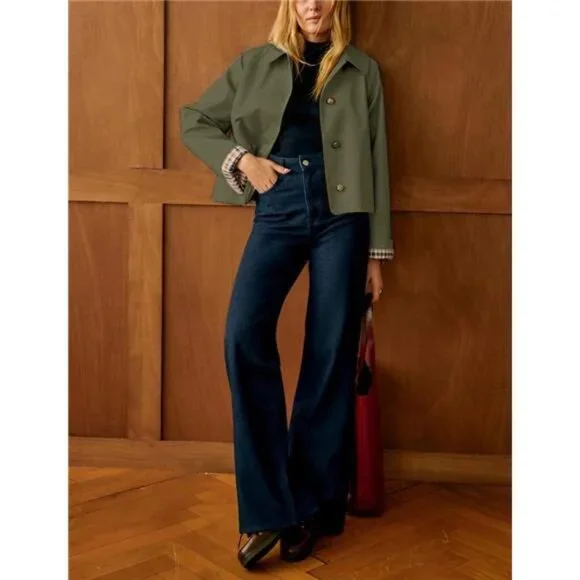 Women's Oversize Trench Coat Plaid Lining Lapel Button Down Casual Crop Jacket - Picture 4 of 8